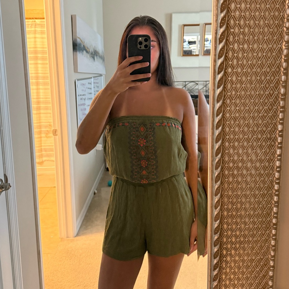 Xhilaration Olive Green Strapless Dress with Embroidery